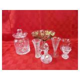 Crystal glass canister, cruet, vases, goofus glass