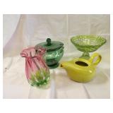 Art glass bowl, vase, Russell Wright teapot.
