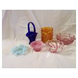 Opalescent glass, carnival, cobalt basket, assorte