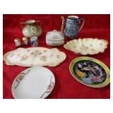 Antique platters, tea pot, covered dish.