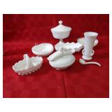 Milk glass compote, doves basket, swan vase.