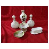 Milk glass butter dish, Vases, decanters.