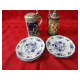 Stoneware beer steins, Blue Dresden plates.