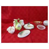 Owl plate, Santa Claus head vase mugs, Fenton glas