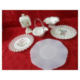 Fenton silver crest basket, milk glass plates