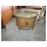 Vintage Mid century drum table w/glass top.