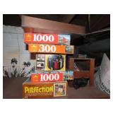 Poker chips, puzzles, board game.