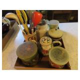 Kitchen utensils, canister, pitcher, misc.