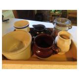 Stoneware crock, canisters, pitcher. Ki