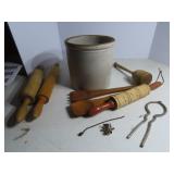 Stoneware crock w/kitchen utensils.