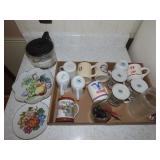 Coffee mugs, coffee pot, plates, whisky glass