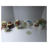 Coffee mugs, music box, McCoy pottery dish, vases
