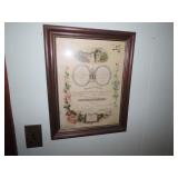 Framed antique marriage certificate.