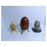 Brass cloisonne egg, King Tut figure, egg box.