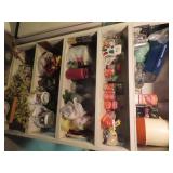 Contents on wood shelves.