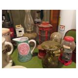 Glass oil lamp, tin lanterns, gumball machine, gla