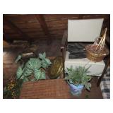 Chair, basket, brass charger, flowers.