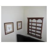 (3)knick knack shelf, framed flower pictures.