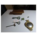Small wood shelf, eagle mirror, brass keys, hooks