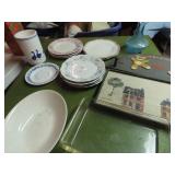 China plates, casserole dish, wood signs.