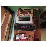 Diecast trucks, cars, truck bank.