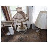 Brass table lamps, chair, small stand.