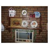 Mirror, Shelf w/contents. Clock, misc.