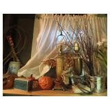 Lamps and contents on shelf.