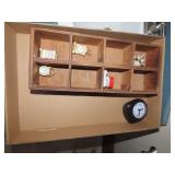 Miniature clocks, wood shelf, misc.