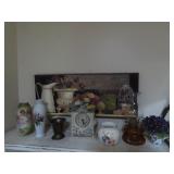 Wall print, vases, mortar & pestle, clock.