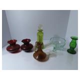 Vintage green glass decanter, footed bowl, art gla