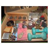 Clocks, keychains, tokens, badge, bank, weights