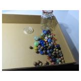 Glass jar w/vintage marbles.