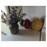 Canister set, crock w/artificial flowers.