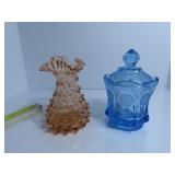Glass dish w/lid, Pink Hobnail vase.