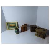 Framed painting, brass vase, coaster sets.