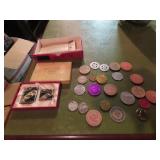 Vintage lighter set, advertising tokens, stamps.