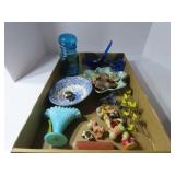 Blue glass canister, hobnail vase, figures.