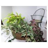 Doll chair, artificial flowers w/planters.