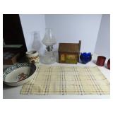Oil lamp, recipe box, bowl, misc.