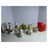 Hall red pitcher, oil lamp, antique pitchers.
