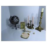 Brass candlesticks, clock, Rabbit tea set.