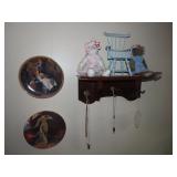Decor plates, shelf w/contents.