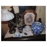 Table lamp, vases, print, misc.
