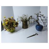 Metal flowering tree, copper tankard, smiley mug.