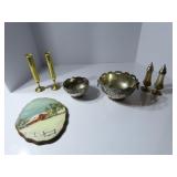 Silver plate bowls, S&P shakers, brass candlestick