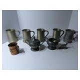 Pewter tankards, silver plate cream & sugar.