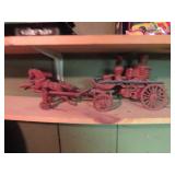 Cast iron horse & fire pump truck toy.