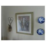 Rug Beater, Framed flower print, flow blue plates