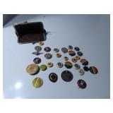 Vintage coin purse, advertising pins.